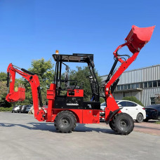 Retroexcavadora compacta de ruedas con cargador frontal y trasero 